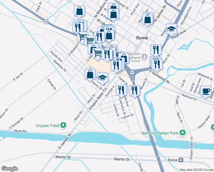 map of restaurants, bars, coffee shops, grocery stores, and more near 398 Avenue A in Rome