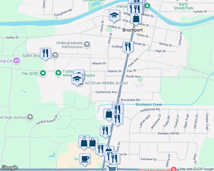 map of restaurants, bars, coffee shops, grocery stores, and more near 45 Chappell Street in Brockport