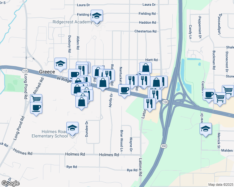 map of restaurants, bars, coffee shops, grocery stores, and more near 2084 West Ridge Road in Rochester