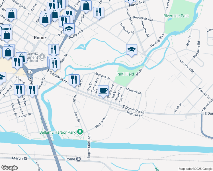 map of restaurants, bars, coffee shops, grocery stores, and more near 123 4th Street in Rome