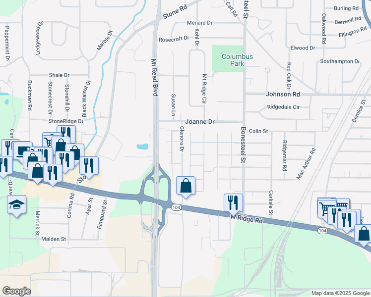 map of restaurants, bars, coffee shops, grocery stores, and more near 160 Glenora Drive in Rochester