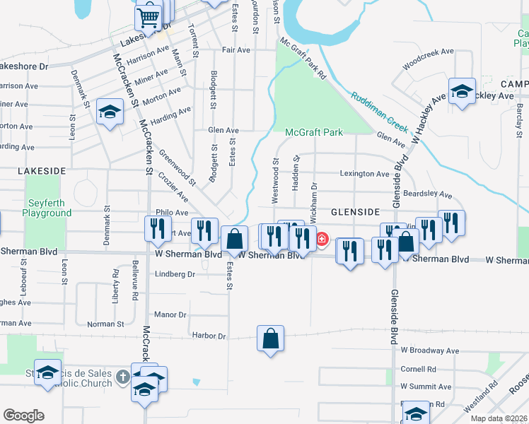 map of restaurants, bars, coffee shops, grocery stores, and more near 1719 Randolph Avenue in Muskegon