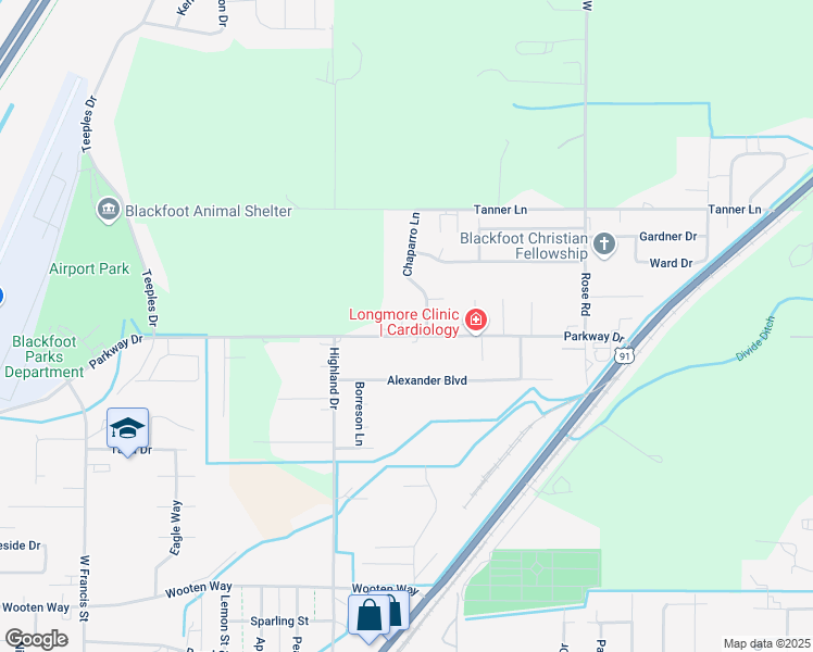map of restaurants, bars, coffee shops, grocery stores, and more near 1239 East Airport Road in Blackfoot