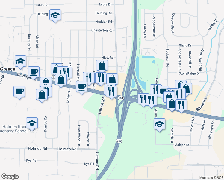 map of restaurants, bars, coffee shops, grocery stores, and more near 1890 W Ridge Rd in Rochester