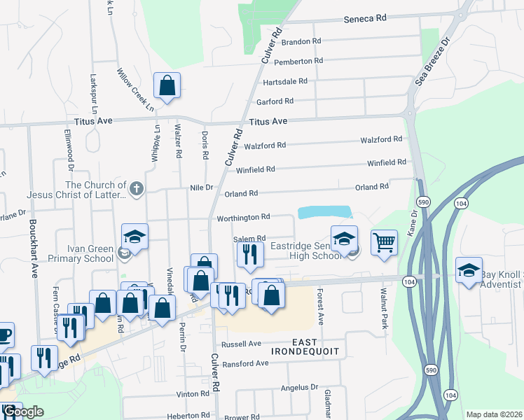 map of restaurants, bars, coffee shops, grocery stores, and more near 178 Worthington Road in Irondequoit