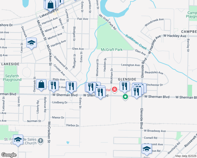 map of restaurants, bars, coffee shops, grocery stores, and more near 1719 Randolph Avenue in Muskegon