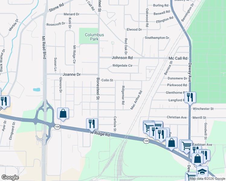map of restaurants, bars, coffee shops, grocery stores, and more near 212 Carlisle Street in Rochester