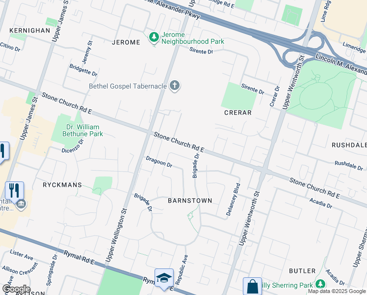 map of restaurants, bars, coffee shops, grocery stores, and more near 306 Stone Church Road East in Hamilton
