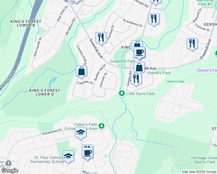 map of restaurants, bars, coffee shops, grocery stores, and more near 122 Hanover Place in Hamilton