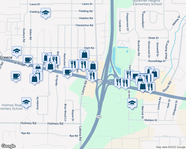 map of restaurants, bars, coffee shops, grocery stores, and more near 1908 West Ridge Road in Rochester