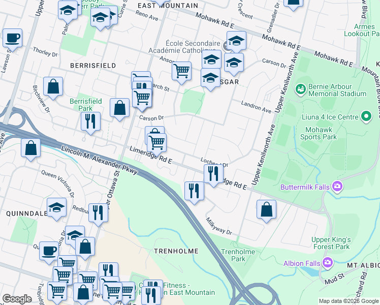 map of restaurants, bars, coffee shops, grocery stores, and more near 74 Kingsberry Street in Hamilton
