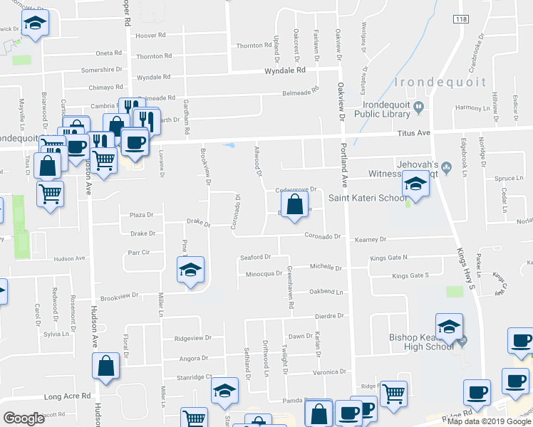 map of restaurants, bars, coffee shops, grocery stores, and more near Allwood Drive & Boxwood Drive in Rochester