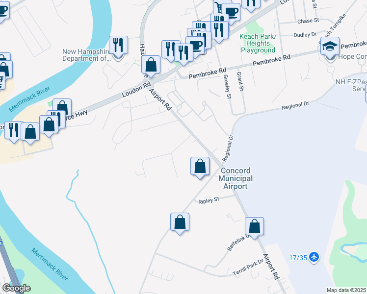 map of restaurants, bars, coffee shops, grocery stores, and more near 7 Lawrence St in Concord