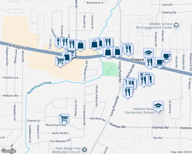 map of restaurants, bars, coffee shops, grocery stores, and more near 113 Creek Meadow Lane in Rochester