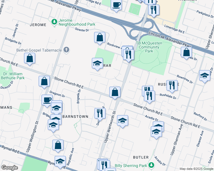 map of restaurants, bars, coffee shops, grocery stores, and more near 17 Distin Drive in Hamilton