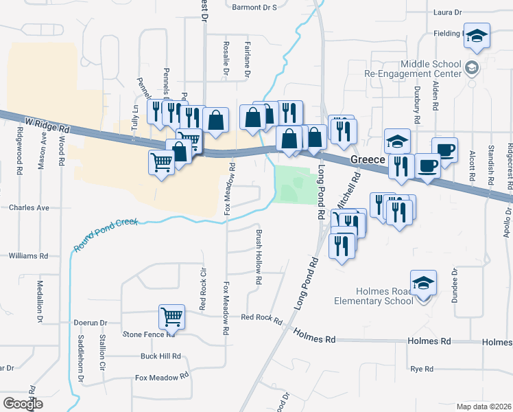 map of restaurants, bars, coffee shops, grocery stores, and more near 113 Creek Meadow Lane in Rochester