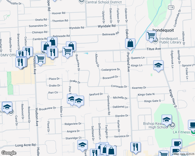 map of restaurants, bars, coffee shops, grocery stores, and more near 43 Allwood Drive in Rochester