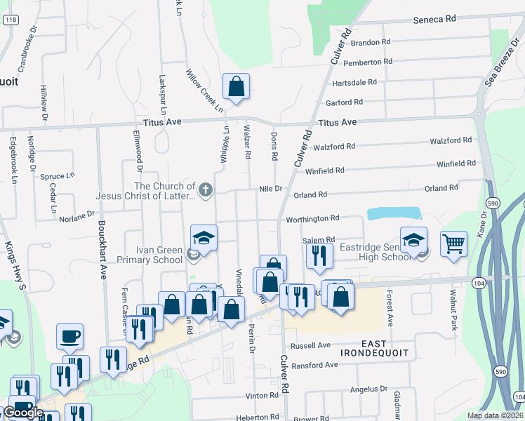 map of restaurants, bars, coffee shops, grocery stores, and more near 207 Walzer Road in Rochester