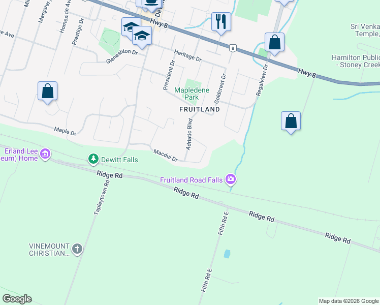 map of restaurants, bars, coffee shops, grocery stores, and more near 77 Adriatic Boulevard in Hamilton
