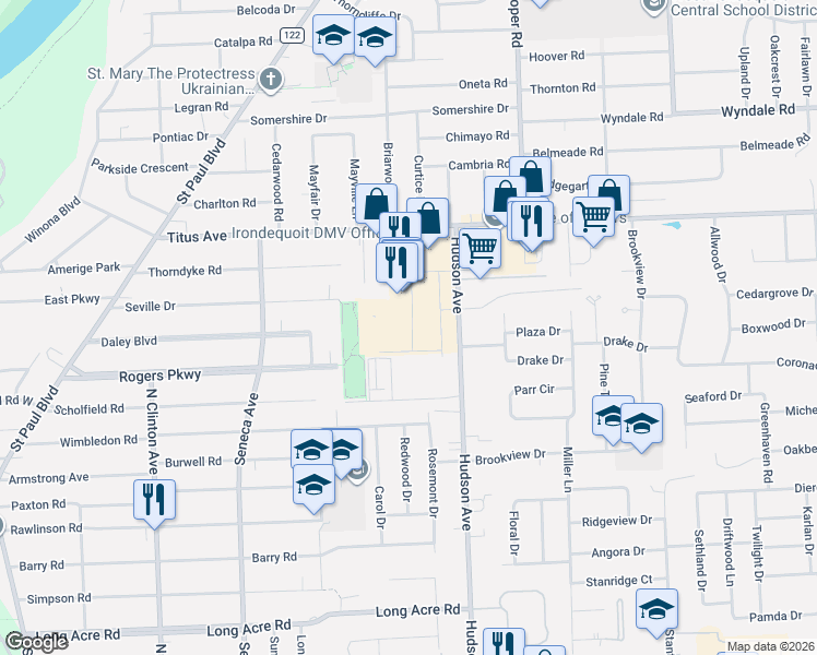 map of restaurants, bars, coffee shops, grocery stores, and more near 525 Titus Avenue in Irondequoit