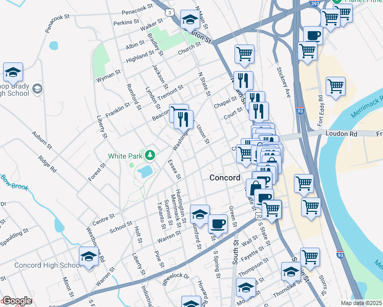 map of restaurants, bars, coffee shops, grocery stores, and more near 75 North Spring Street in Concord