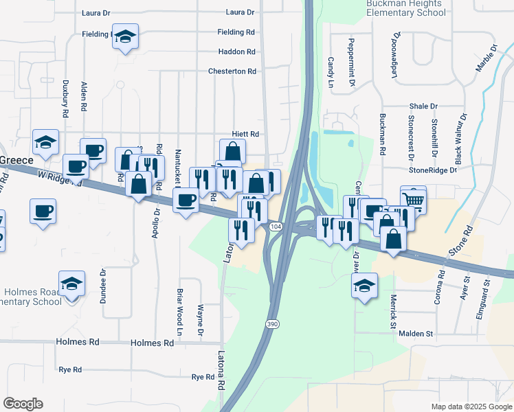 map of restaurants, bars, coffee shops, grocery stores, and more near 1908 West Ridge Road in Rochester