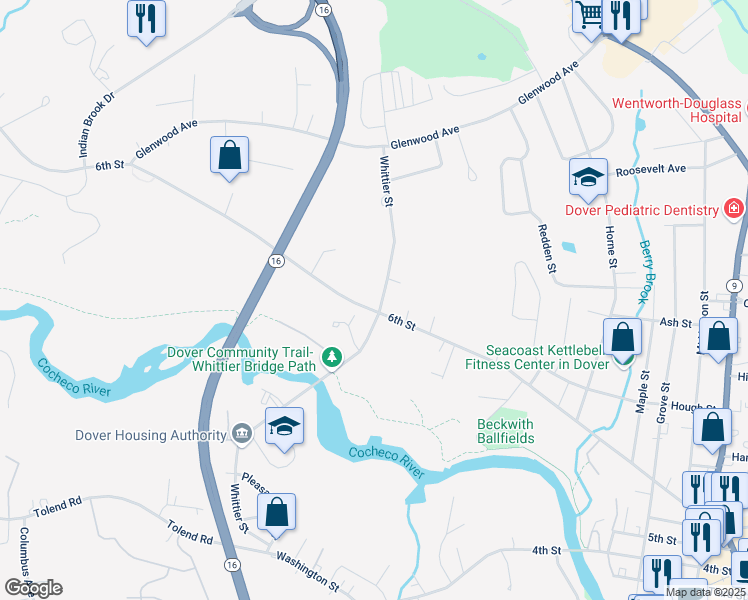 map of restaurants, bars, coffee shops, grocery stores, and more near 145 6th Street in Dover