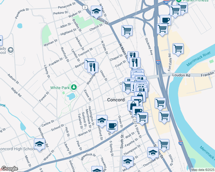 map of restaurants, bars, coffee shops, grocery stores, and more near 3 Union Street in Concord