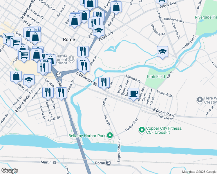 map of restaurants, bars, coffee shops, grocery stores, and more near 299 East Dominick Street in Rome