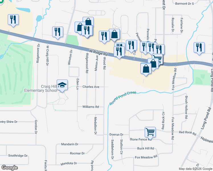 map of restaurants, bars, coffee shops, grocery stores, and more near 180 Wood Road in Rochester