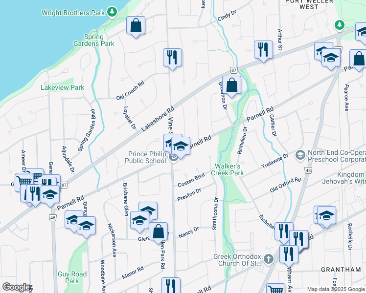 map of restaurants, bars, coffee shops, grocery stores, and more near in St. Catharines