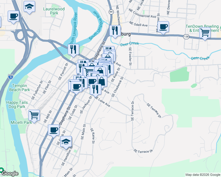 map of restaurants, bars, coffee shops, grocery stores, and more near 633 Southeast Kane Street in Roseburg