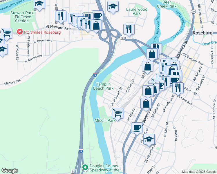 map of restaurants, bars, coffee shops, grocery stores, and more near 113 Southeast Miller Avenue in Roseburg