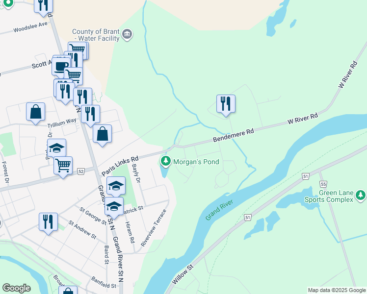 map of restaurants, bars, coffee shops, grocery stores, and more near 139 Paris Links Road in Brant
