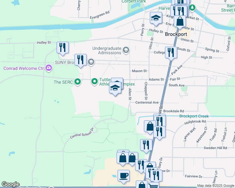 map of restaurants, bars, coffee shops, grocery stores, and more near 40 Allen Street in Brockport