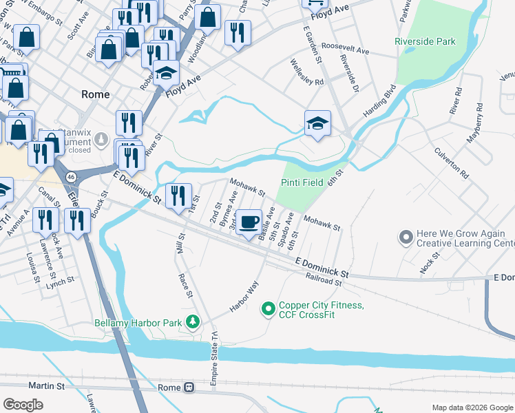 map of restaurants, bars, coffee shops, grocery stores, and more near 123 4th Street in Rome