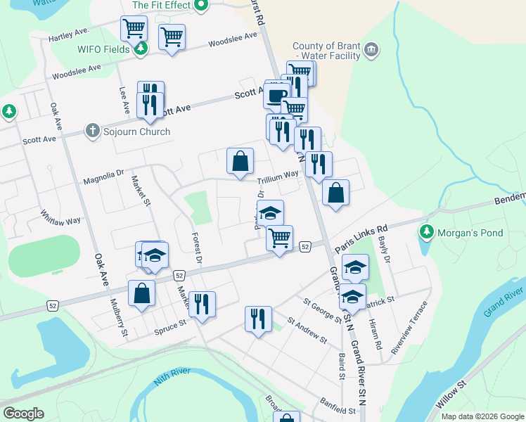 map of restaurants, bars, coffee shops, grocery stores, and more near in Brant