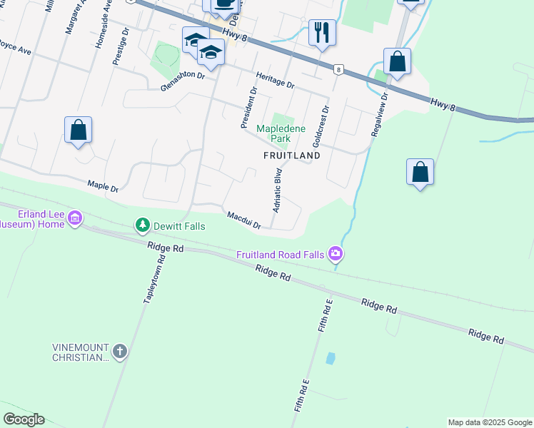 map of restaurants, bars, coffee shops, grocery stores, and more near 76 Adriatic Boulevard in Hamilton