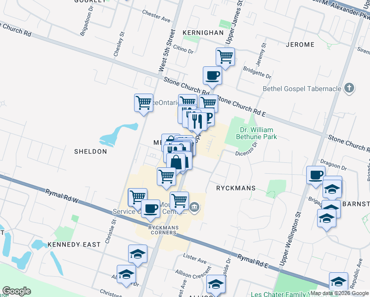 map of restaurants, bars, coffee shops, grocery stores, and more near in Hamilton