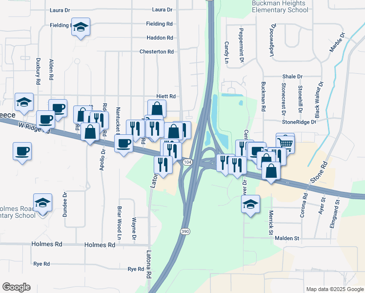 map of restaurants, bars, coffee shops, grocery stores, and more near 1890 W Ridge Rd in Rochester