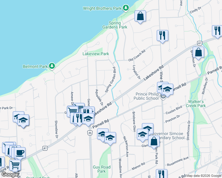 map of restaurants, bars, coffee shops, grocery stores, and more near 14 Spring Garden Boulevard in St. Catharines