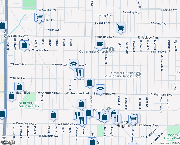 map of restaurants, bars, coffee shops, grocery stores, and more near 2425 Peck Street in Muskegon Heights