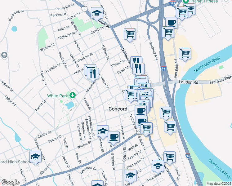 map of restaurants, bars, coffee shops, grocery stores, and more near 30 Park Street in Concord