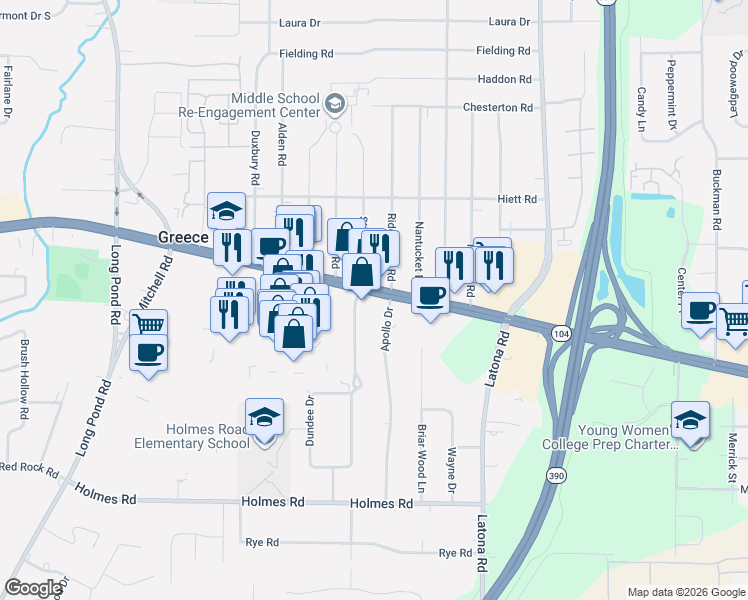 map of restaurants, bars, coffee shops, grocery stores, and more near 8 Apollo Drive in Rochester