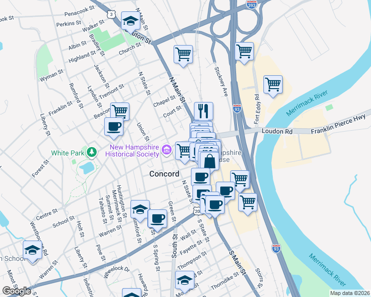 map of restaurants, bars, coffee shops, grocery stores, and more near 21 Centre Street in Concord