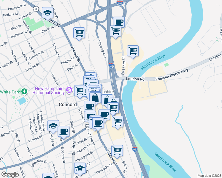 map of restaurants, bars, coffee shops, grocery stores, and more near 22 Bridge Street in Concord