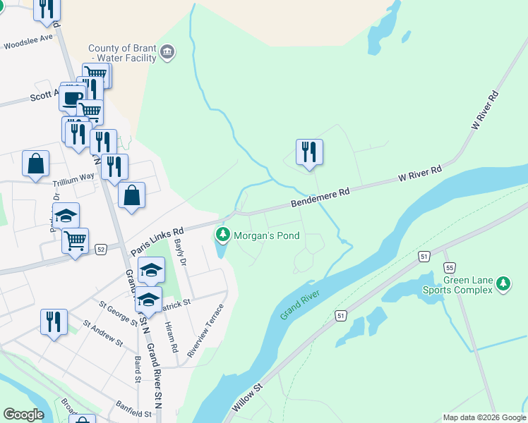 map of restaurants, bars, coffee shops, grocery stores, and more near 55 Paris Links Road in Brant
