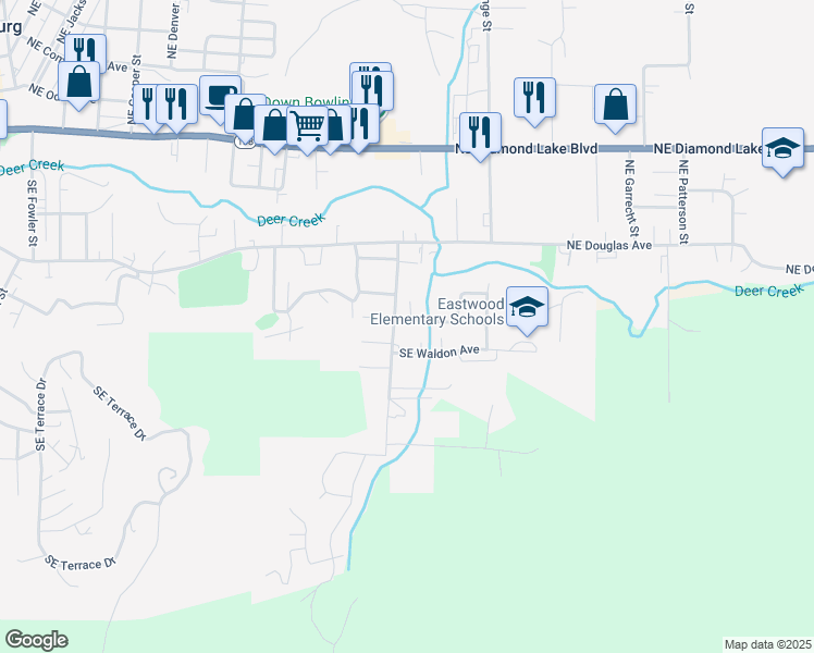 map of restaurants, bars, coffee shops, grocery stores, and more near 581 Southeast Ramp Road in Roseburg