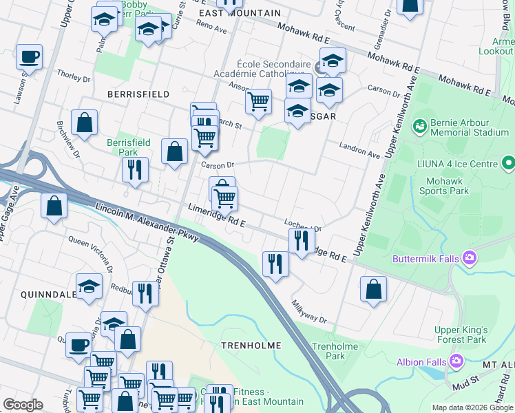 map of restaurants, bars, coffee shops, grocery stores, and more near 79 Locheed Drive in Hamilton