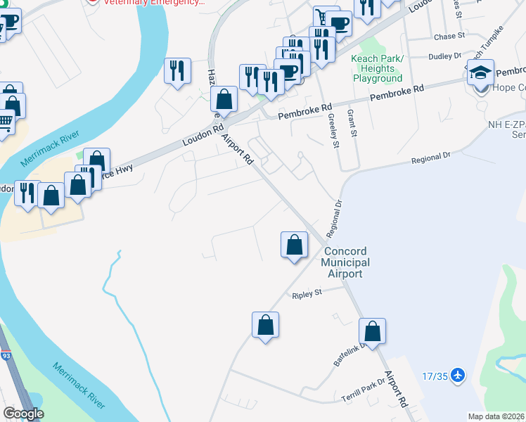map of restaurants, bars, coffee shops, grocery stores, and more near 7 Lawrence Street in Concord